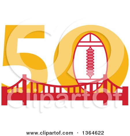 Clipart of a Retro Super Bowl 50 Sports Design with a Football over the Golden Gate Bridge - Royalty Free Vector Illustration by patrimonio