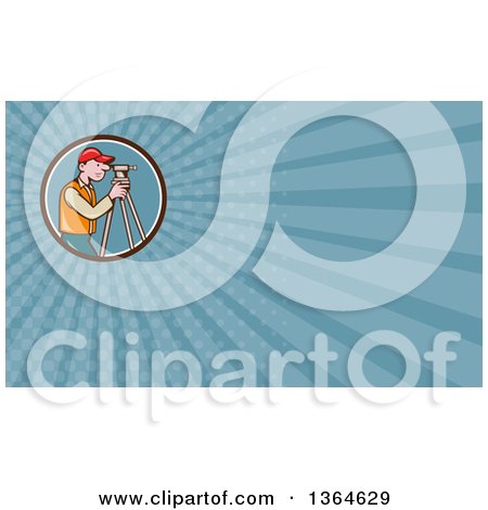 Clipart of a Retro Cartoon White Male Surveyor Using a Theodolite in a Circle and Blue Rays Background or Business Card Design - Royalty Free Illustration by patrimonio