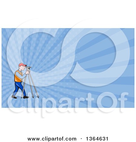 Clipart of a Cartoon White Male Surveyor Using a Theodolite and Blue Rays Background or Business Card Design - Royalty Free Illustration by patrimonio