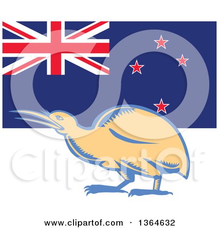 Clipart of a Retro Woodcut Kiwi Bird over a New Zealand Flag - Royalty Free Vector Illustration by patrimonio