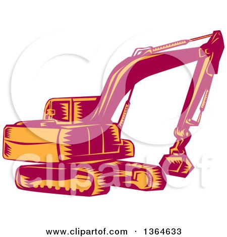 Clipart of a Retro Woodcut Orange and Red Mechanical Excavator Digger Machine - Royalty Free Vector Illustration by patrimonio