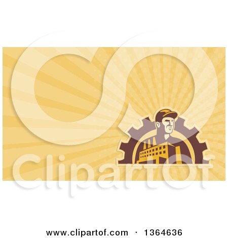 Clipart of a Retro Factory Worker Mechanic in a Gear Arch and Yellow Rays Background or Business Card Design - Royalty Free Illustration by patrimonio