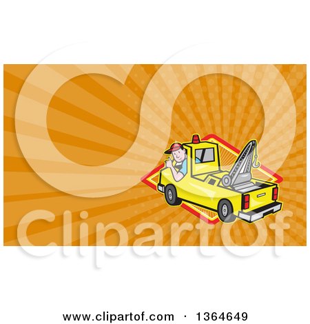 Clipart of a Cartoon Tow Truck and Driver and Orange Rays Background or Business Card Design - Royalty Free Illustration by patrimonio