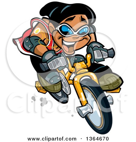 Clipart of a Cartoon Excited Black Boy Speeding on a Bicycle - Royalty Free Vector Illustration by Clip Art Mascots