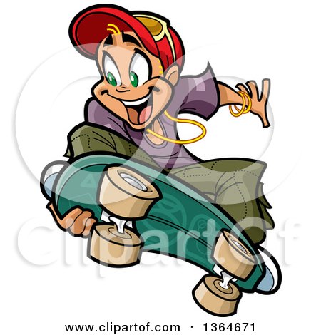 Clipart of a Cartoon Blond White Boy Jumping and Grabbing His Skateboard - Royalty Free Vector Illustration by Clip Art Mascots