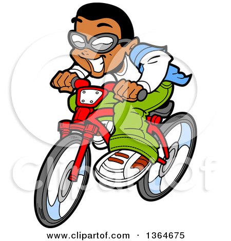 Clipart of a Cartoon Excited Casual Black Boy Riding a Bicycle - Royalty Free Vector Illustration by Clip Art Mascots