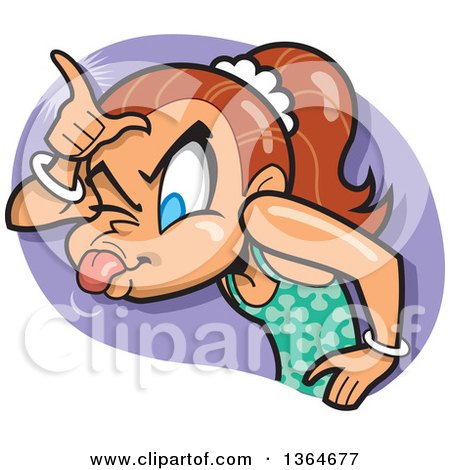 Clipart of a Cartoon Brunette White Teenage Girl Sticking Her Tongue out and Gesturing Loser over Her Forehead - Royalty Free Vector Illustration by Clip Art Mascots