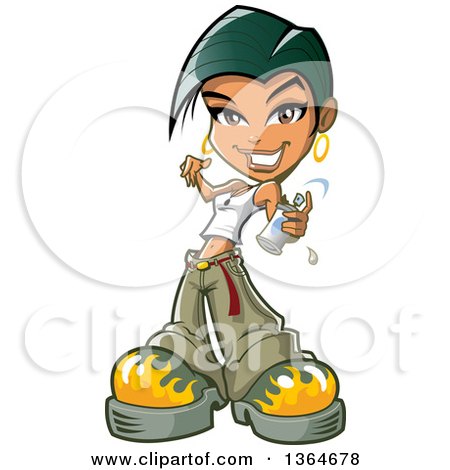 Clipart of a Cartoon Casual Short Haired Black Teen Girl Holding a Graffiti Spray Paint Can - Royalty Free Vector Illustration by Clip Art Mascots