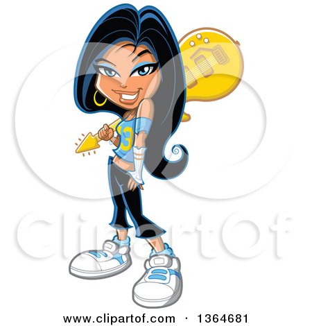 Clipart of a Cartoon Trendy Casual Black Haired Teen Girl Holding an Electric Guitar over Her Shoulder and Posing - Royalty Free Vector Illustration by Clip Art Mascots