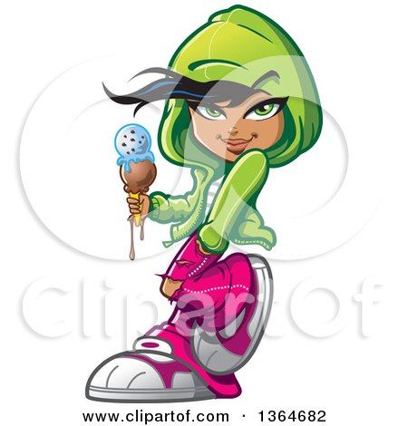 Clipart of a Cartoon Casual Urban Teenage Girl Wearing a Hoodie and Holding a Dripping Waffle Ice Cream Cone - Royalty Free Vector Illustration by Clip Art Mascots