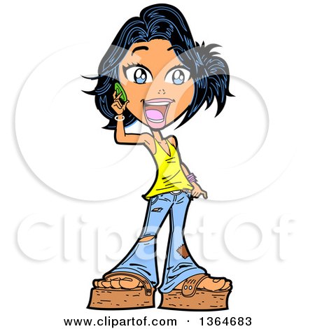 Clipart of a Cartoon Excited Casual Teenage Girl Talking on a Cell Phone - Royalty Free Vector Illustration by Clip Art Mascots