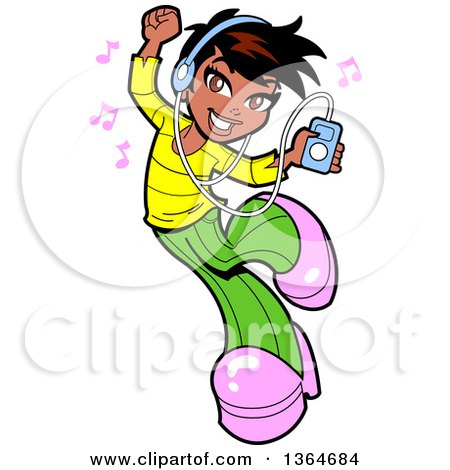 Clipart of a Cartoon Happy Black Urban Casual Teenage Girl Jumping and Listening to Music with an Mp3 Player - Royalty Free Vector Illustration by Clip Art Mascots