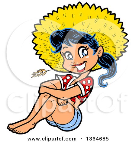 Clipart of a Cartoon Happy Black Haired Hillbilly Woman Sitting and Chewing on Straw - Royalty Free Vector Illustration by Clip Art Mascots