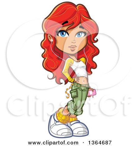 Clipart of a Cartoon Casual Red Haired White Female Teenager Wearing Earbuds and Listening to Music with an Mp3 Player - Royalty Free Vector Illustration by Clip Art Mascots