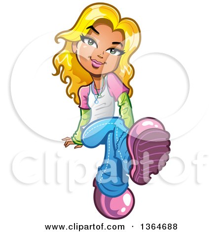 Clipart of a Cartoon Casual Blond White Teen Girl Sitting and Looking at the Viewer - Royalty Free Vector Illustration by Clip Art Mascots