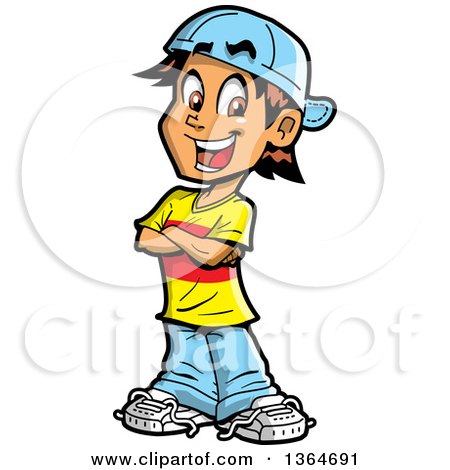 Clipart of a Cartoon Happy Casual Brunette White Teenage Guy Standing with Folded Arms - Royalty Free Vector Illustration by Clip Art Mascots