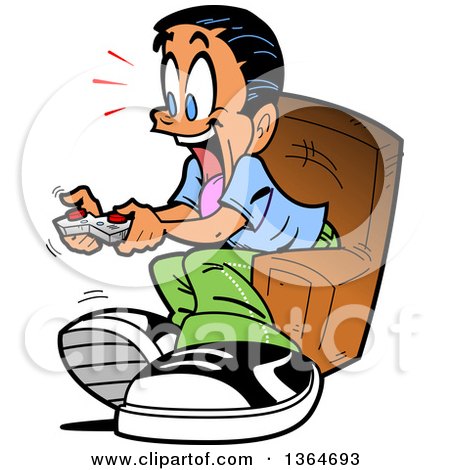 Clipart of a Cartoon Excited Boy Sitting in a Chair and Playing Video Games - Royalty Free Vector Illustration by Clip Art Mascots