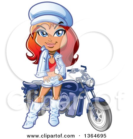 Clipart of a Cartoon Red Haired White Woman in White Leather, Posing by a Motorcycle - Royalty Free Vector Illustration by Clip Art Mascots