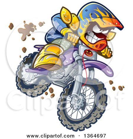 Clipart of a Cartoon Aggressive Man Jumping and Riding a Dirt Bike with Mud Splashing Everywhere - Royalty Free Vector Illustration by Clip Art Mascots