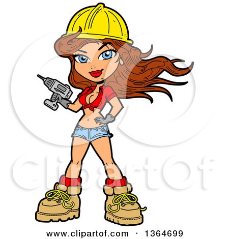 Clipart of a Cartoon Sexy Brunette White Female Construction Worker Pinup Holding a Power Drill - Royalty Free Vector Illustration by Clip Art Mascots