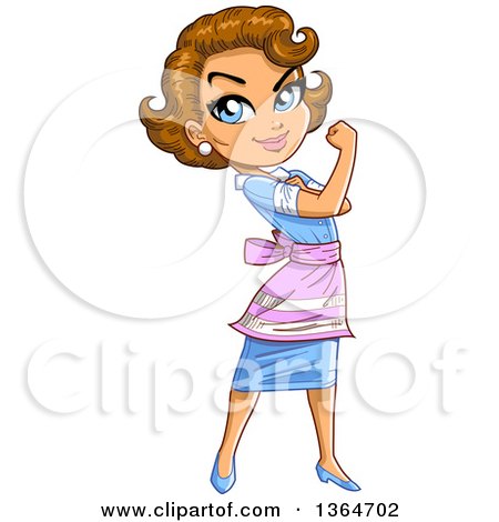 Clipart of a Cartoon Retro Pretty Brunette White Female Housewife, Maid or Waitress Flexing Her Arm - Royalty Free Vector Illustration by Clip Art Mascots