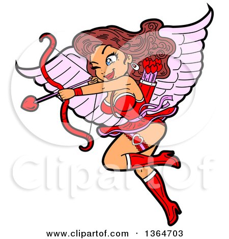 Clipart of a Cartoon Sexy Brunette White Female Cupid Flying and Aiming an Arrow - Royalty Free Vector Illustration by Clip Art Mascots