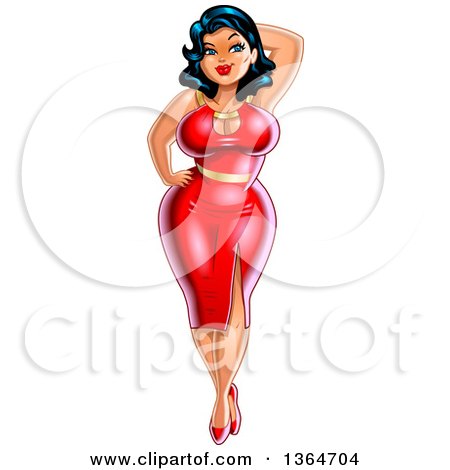 Clipart of a Cartoon Sexy Curvatious Black Haired Pinup Woman Posing in a Red Dress - Royalty Free Vector Illustration by Clip Art Mascots