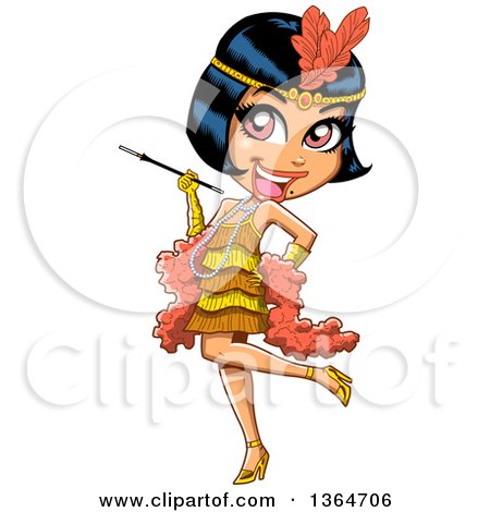 Clipart of a Cartoon Roaring 20s Flapper Party Woman Kicking a Leg Back and Holding a Cigarette - Royalty Free Vector Illustration by Clip Art Mascots