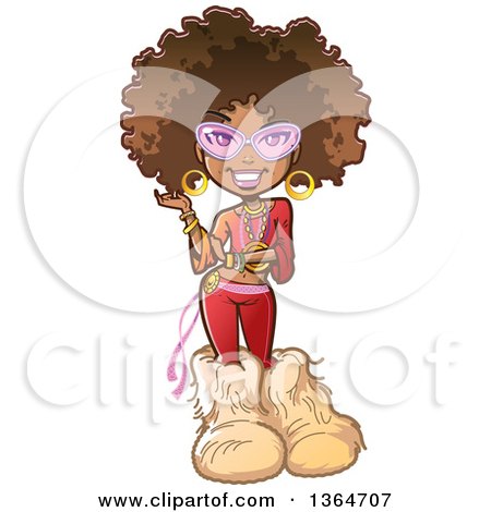 Clipart of a Cartoon Funky Pretty 70s Black Woman with an Afro, Glasses and Big Furry Boots - Royalty Free Vector Illustration by Clip Art Mascots