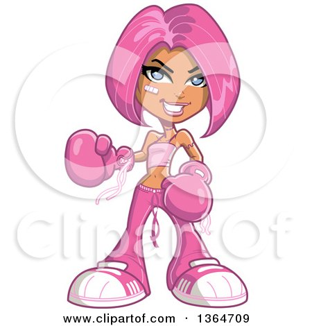 Clipart of a Cartoon Tough Caucasian Woman Decked out in Pink, Wearing Boxing Gloves and Fighting Breast Cancer - Royalty Free Vector Illustration by Clip Art Mascots