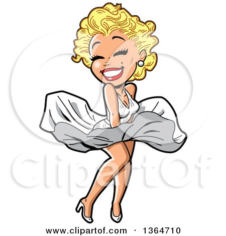 Clipart of a Cartoon Sexy Blond Bombshell Woman Resembling Marilyn Monroe, Holding Her Dress down in the Wind - Royalty Free Vector Illustration by Clip Art Mascots