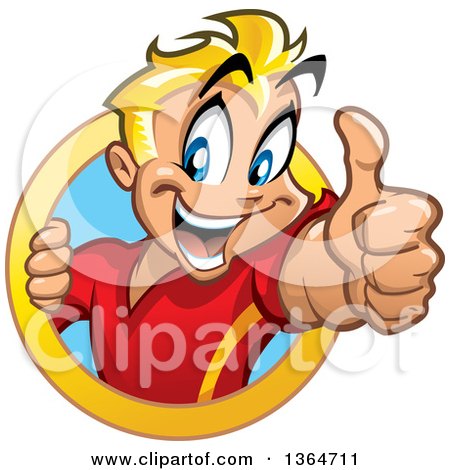 Clipart of a Cartoon Happy Blond White Boy Holding up a Thumb and Emerging from a Circle - Royalty Free Vector Illustration by Clip Art Mascots
