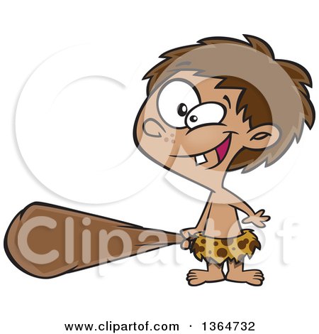 Cartoon Clipart of a Cave Boy Holding a Club and Grinning - Royalty Free Vector Illustration by toonaday