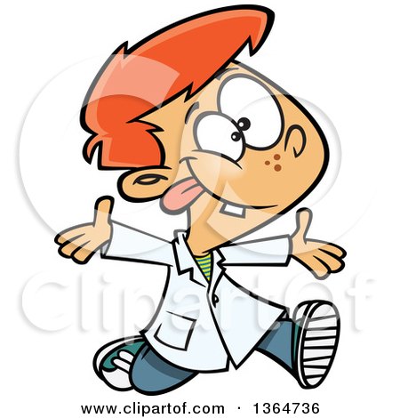 Cartoon Clipart of a Goofy Red Haired White School Boy Running Around in a Lab Coat - Royalty Free Vector Illustration by toonaday