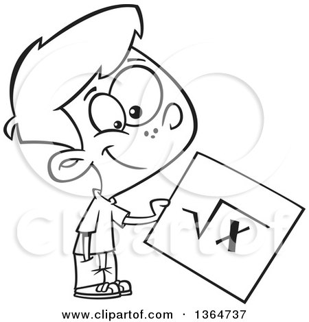 Cartoon Clipart of a Black and White Happy School Boy Holding a Square Root Page - Royalty Free Vector Illustration by toonaday
