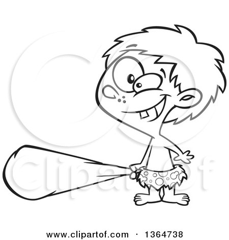 Cartoon Clipart of a Black and White Cave Boy Holding a Club and Grinning - Royalty Free Vector Illustration by toonaday