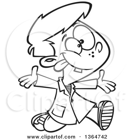 Cartoon Clipart of a Black and White Goofy School Boy Running Around in a Lab Coat - Royalty Free Vector Illustration by toonaday