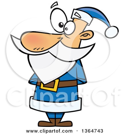 Cartoon Clipart of a Christmas Santa Claus Standing in a Blue Suit - Royalty Free Vector Illustration by toonaday