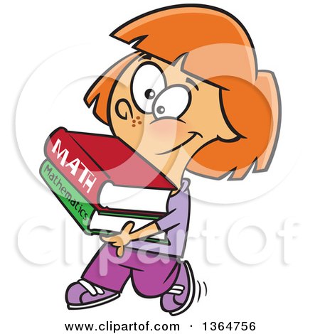 Cartoon Clipart of a Happy Red Haired White School Girl Walking and Carrying Math Books - Royalty Free Vector Illustration by toonaday