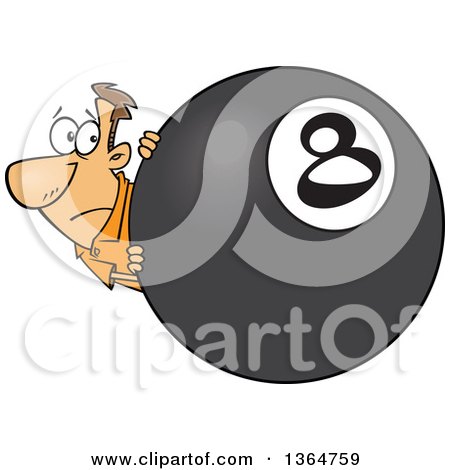 Cartoon Clipart of a Caucasian Man Looking Nervously Around a Giant Eight Ball - Royalty Free Vector Illustration by toonaday