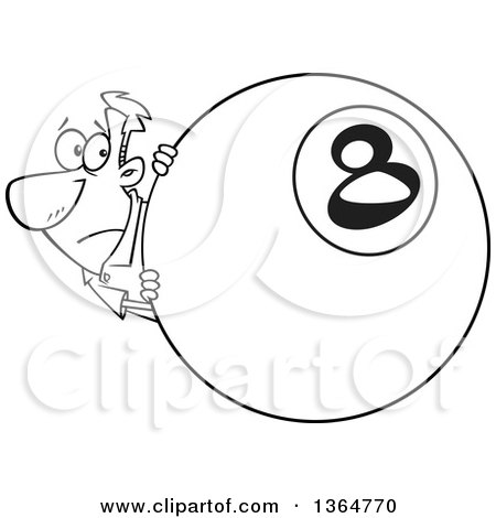 Cartoon Clipart of a Black and White Man Looking Nervously Around a Giant Eight Ball - Royalty Free Vector Illustration by toonaday