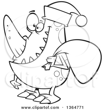Cartoon Clipart of a Black and White Happy Christmas Monster Wearing a Santa Hat and Carrying a Sack - Royalty Free Vector Illustration by toonaday