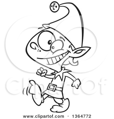 Cartoon Clipart of a Black and White Happy Christmas Elf Kid Walking - Royalty Free Vector Illustration by toonaday