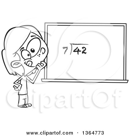 Cartoon Clipart of a Black and White School Girl Pondering over an Equation on a Chalk Board - Royalty Free Vector Illustration by toonaday
