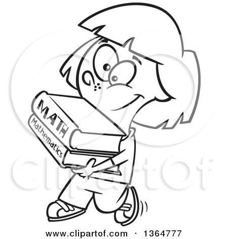 Cartoon Clipart of a Black and White Happy School Girl Walking and Carrying Math Books - Royalty Free Vector Illustration by toonaday