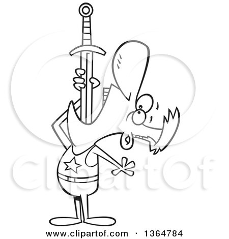 Cartoon Clipart of a Black and White Circus Entertainer Man Swallowing a Sword - Royalty Free Vector Illustration by toonaday