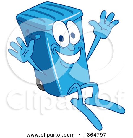 Clipart of a Cartoon Blue Rolling Trash Can Bin Mascot Jumping - Royalty Free Vector Illustration by Mascot Junction