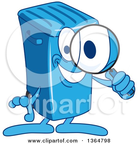 Clipart of a Cartoon Blue Rolling Trash Can Bin Mascot Searching with a Magnifying Glass - Royalty Free Vector Illustration by Mascot Junction