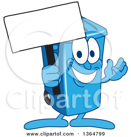 Clipart of a Cartoon Blue Rolling Trash Can Bin Mascot Holding a Blank Sign - Royalty Free Vector Illustration by Mascot Junction