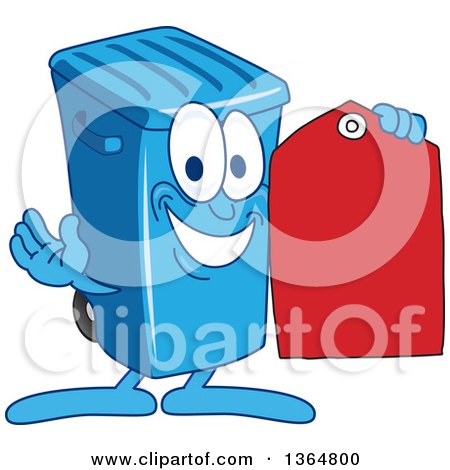 Clipart of a Cartoon Blue Rolling Trash Can Bin Mascot Holding a Red Price Tag - Royalty Free Vector Illustration by Mascot Junction
